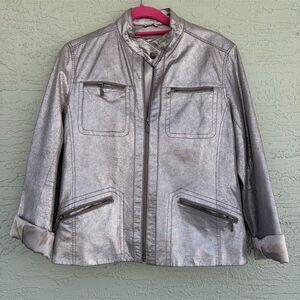 Chico's Women's Silver Leather Moto Jacket Size 1 Long Sleeve Zip Up